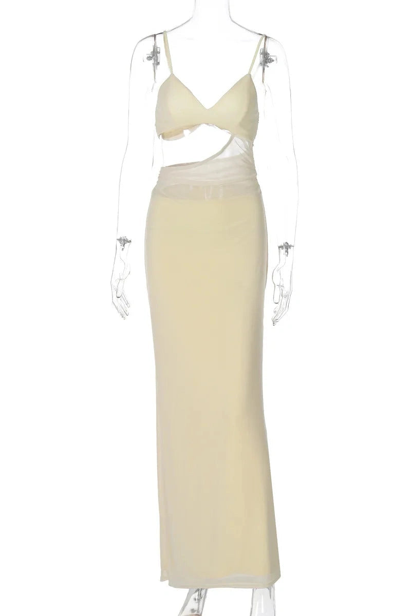 Glorol - Hollow Out Spaghetti Strap Sleeveless Backless Patchwork Maxi Dress