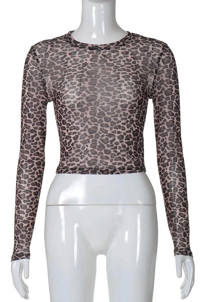 Glorol - Leopard Print See-Through Slim Long Sleeve Top