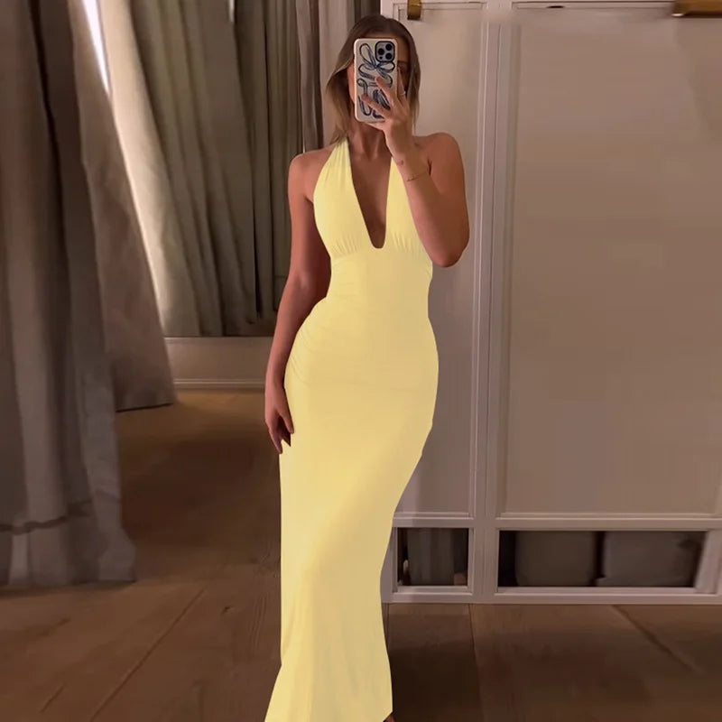 Glorol - Backless Deep V Neck Lace Up Slim Maxi Dress