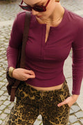 Glorol - Patchwork Long Sleeve High Waist Slim Top