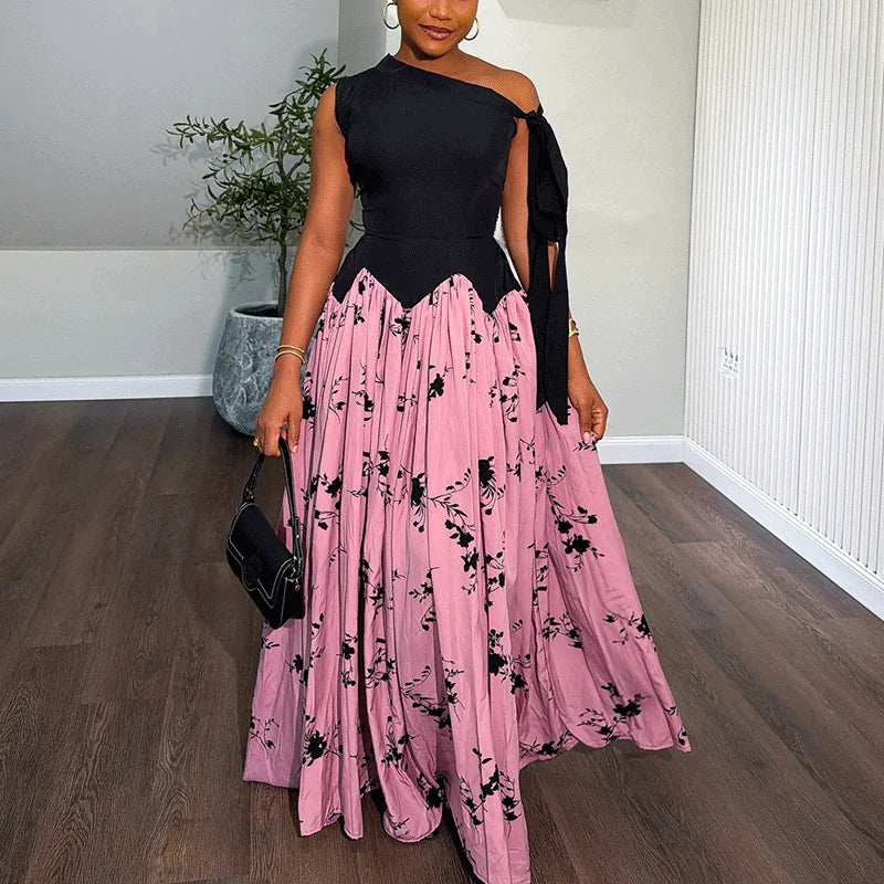 Glorol - Off-Shoulder Printed High Waist Patchwork Maxi Dress