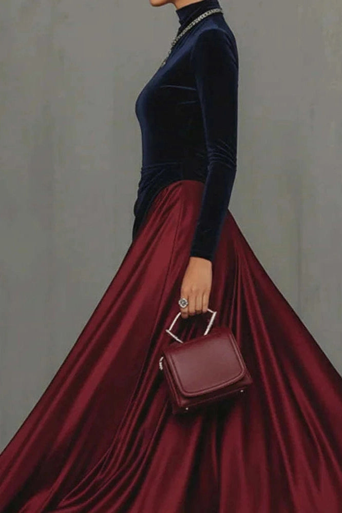 Glorol - Elegant High Waist Pleated Slim Long Sleeve Maxi Dress