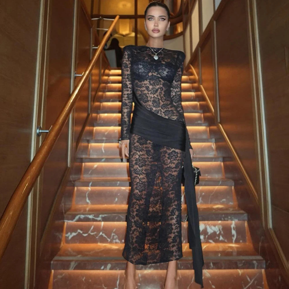 Glorol - Lace Patchwork Hollow Out See Through Maxi Dress