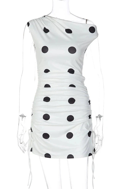 Glorol - Elegant Polka Dot Print Slim Lace-Up Mini Dress