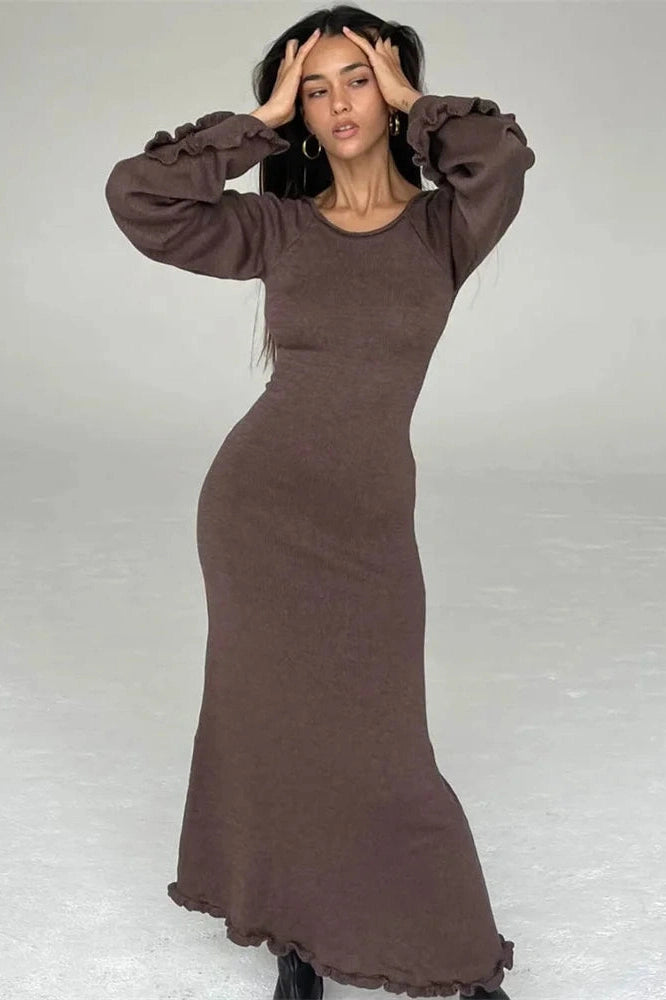 Glorol - Backless Knit Lace-Up High Waist Long Sleeve Maxi Dress