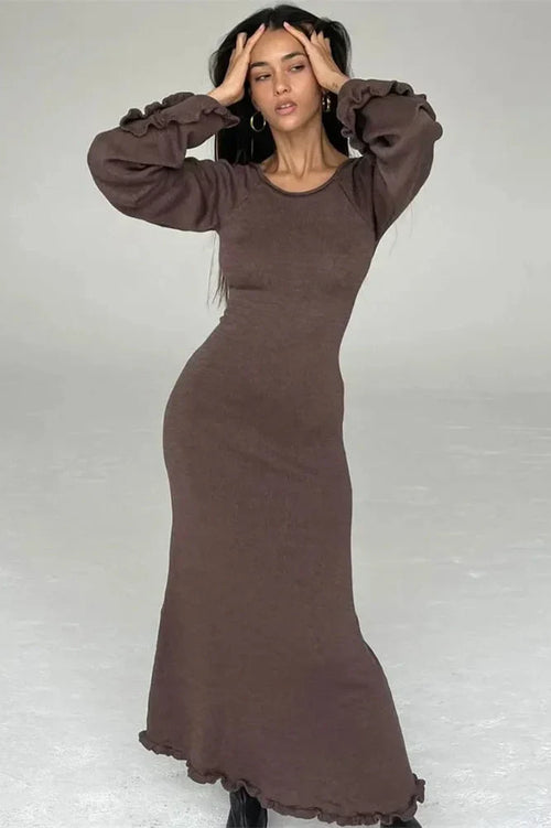 Backless Knit Lace-Up High Waist Long Sleeve Maxi Dress