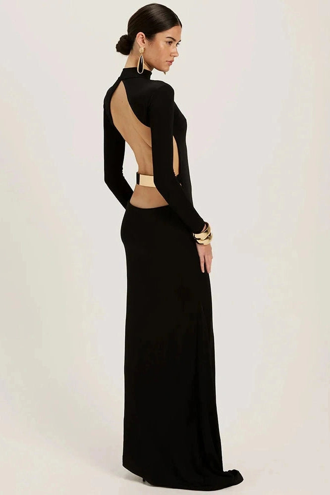 Glorol - Backless Long Sleeve High Collar Bodycon Maxi Dress