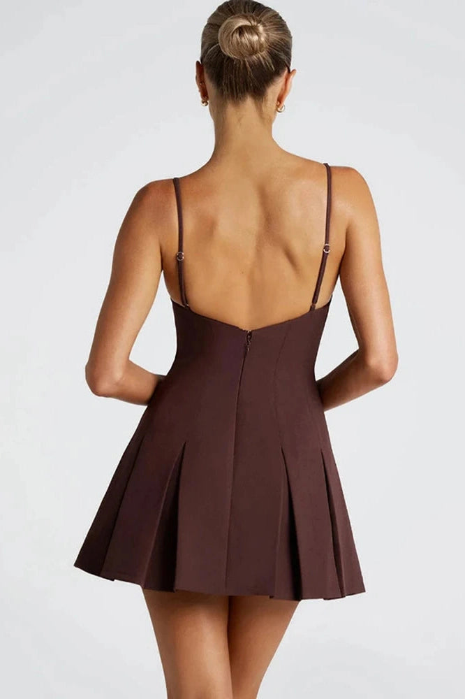 Glorol - Backless High Waist A-line Spaghetti Strap Sleeveless Pleated Mini Dress