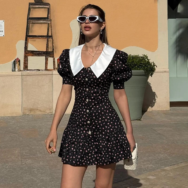 Glorol - Printed Short Sleeve V Neck High Waist Mini Dress