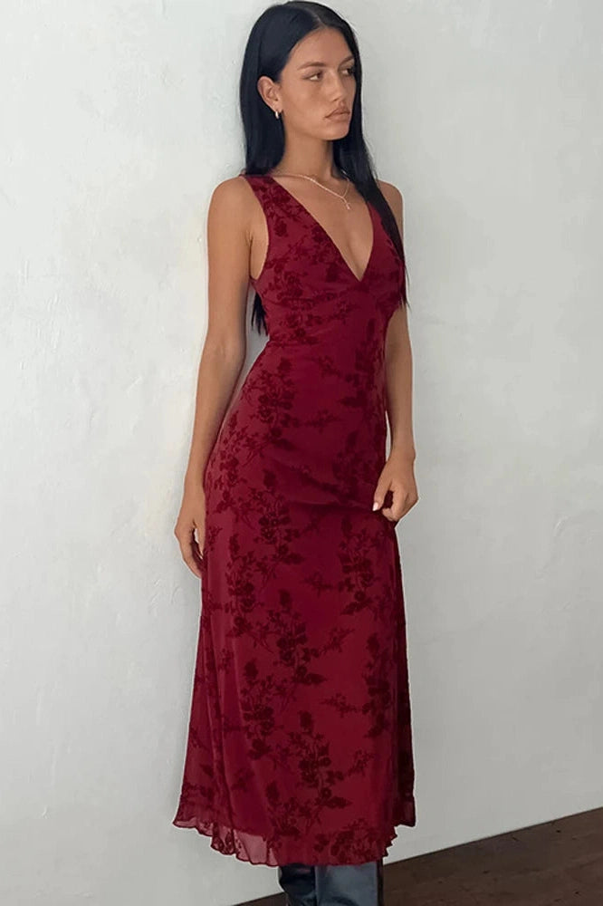 Glorol - Printed Deep V Neck Sleeveless Slim Maxi Dress