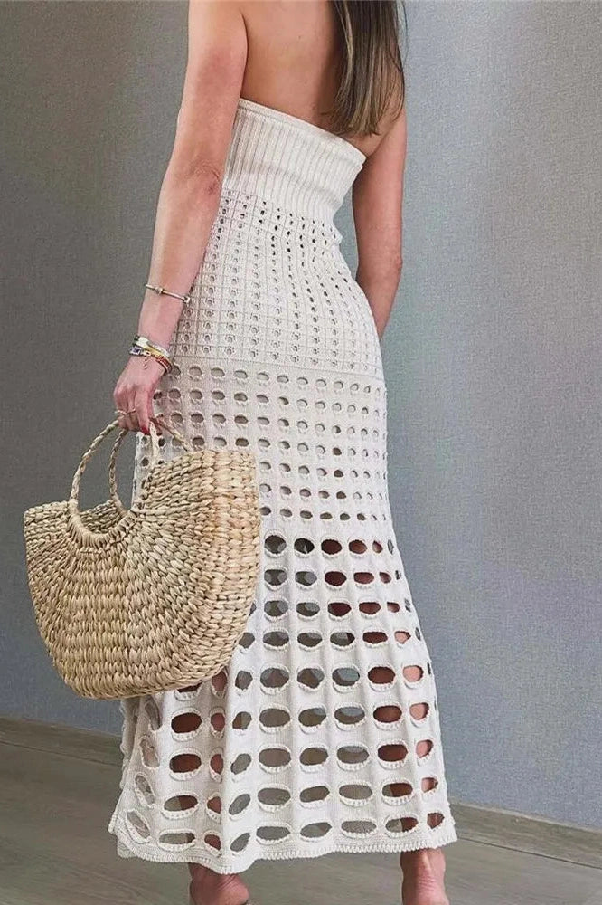 Glorol - Hollow Out Strapless Off-Shoulder Knit Sleeveless Backless Maxi Dress