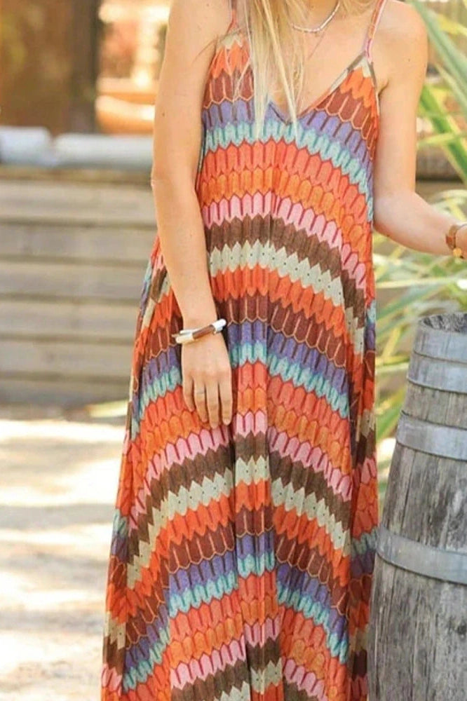 Glorol - Pleated Printed Sleeveless Loose Backless High Waist Maxi Dress
