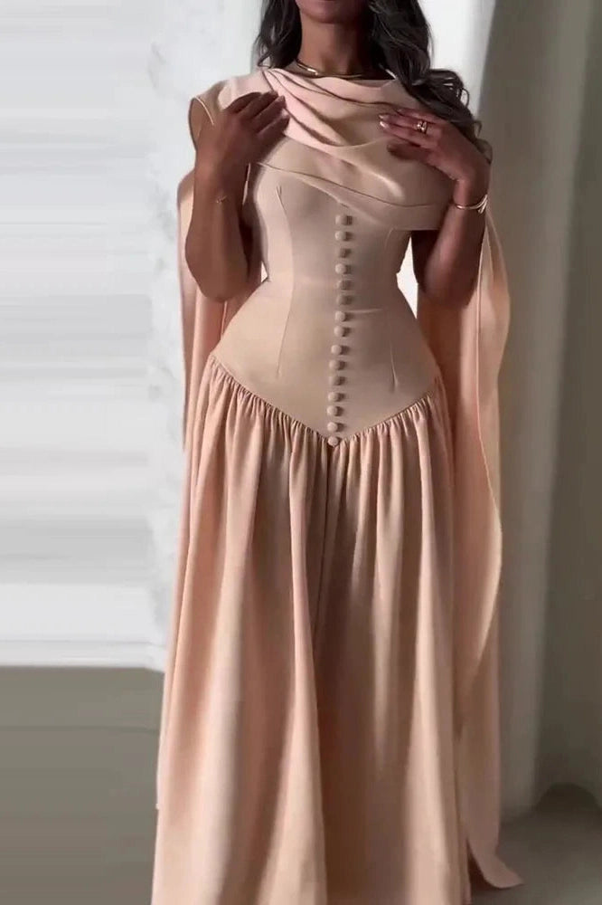 Glorol - Elegant Sleeveless Shawl Collar Pleat Maxi Dress
