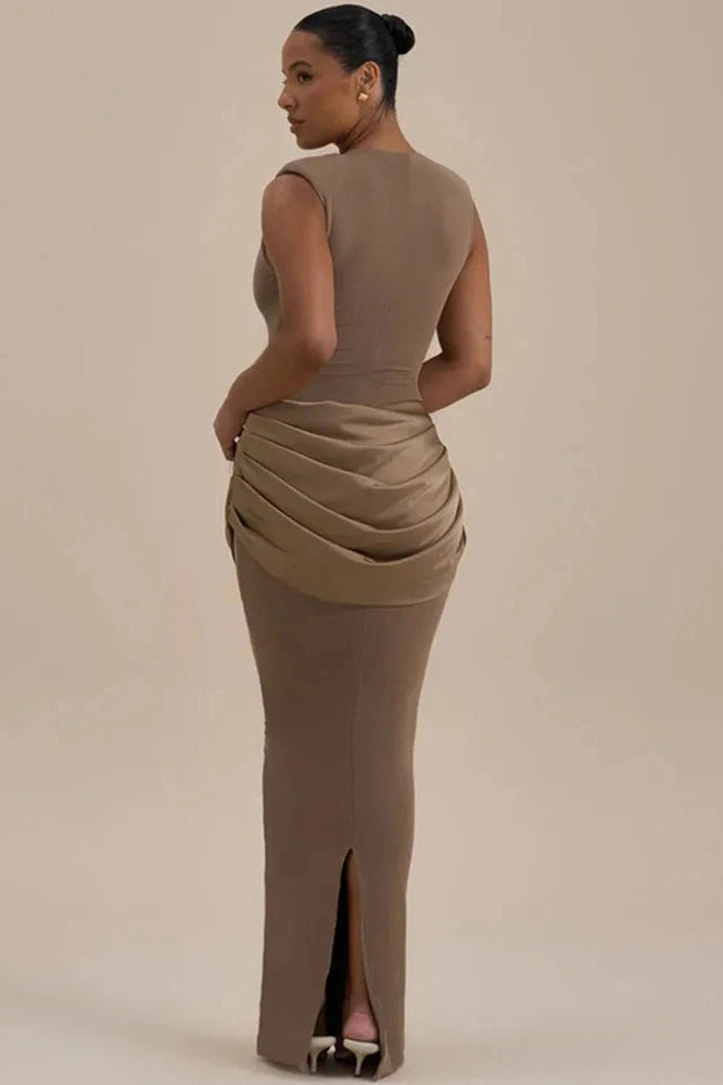 Glorol - Sleeveless High Waist Patchwork O Neck Bodycon Maxi Dress