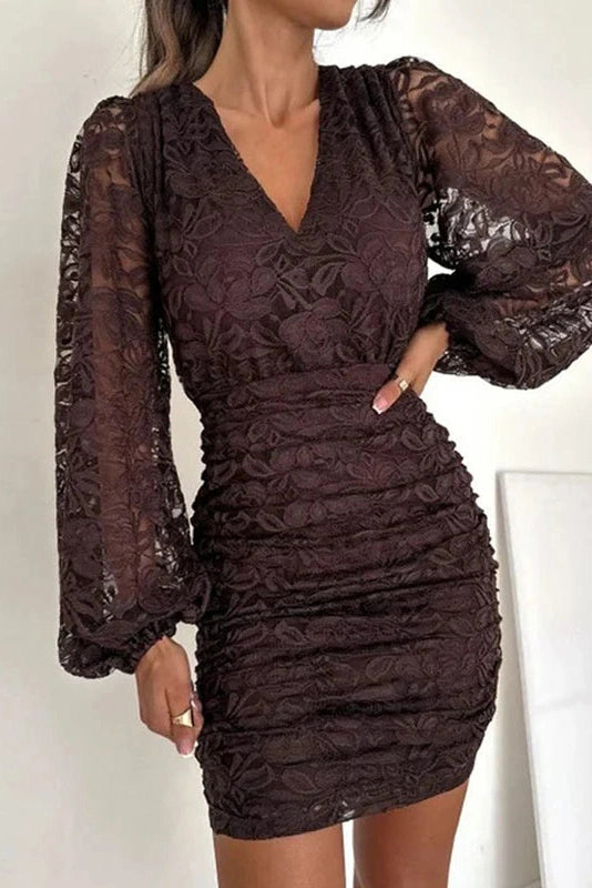 Glorol - Elegant Slim High Waist Pleated Lace V-Neck Long Sleeve Mini Dress
