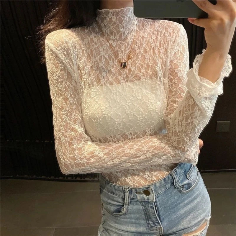 Glorol - Lace Long-Sleeve Mesh Top