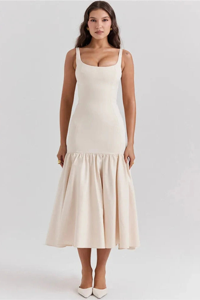 Glorol - Backless Square Collar Sleeveless Loose Pleated Maxi Dress