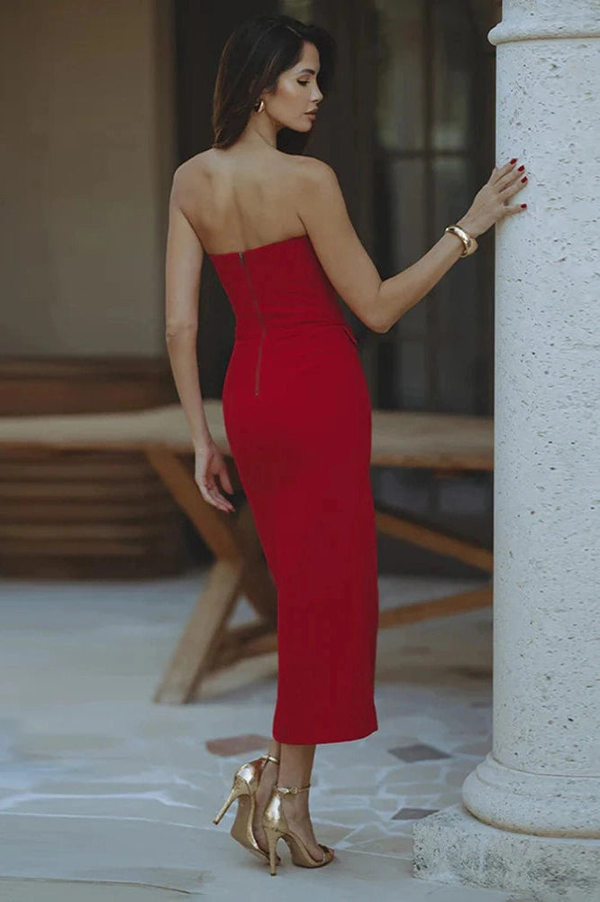 Glorol - Elegant Strapless Slit Sleeveless Slim High Waist Midi Dress