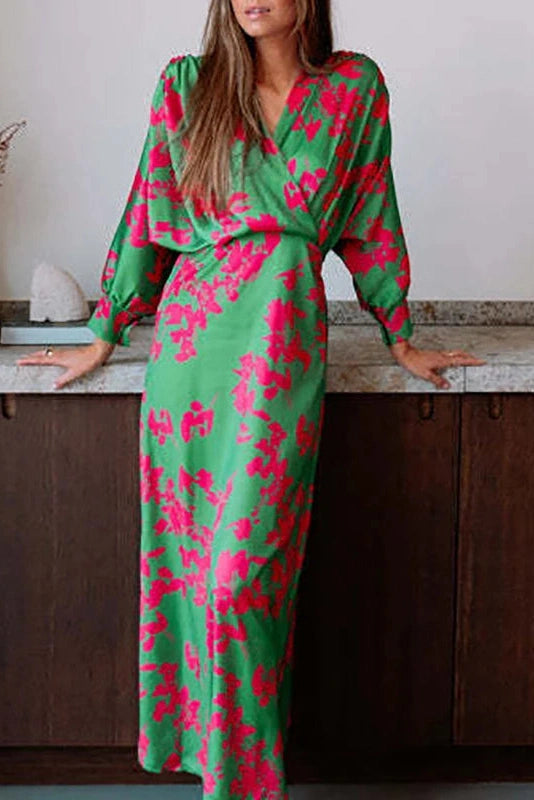 Glorol - Elegant Long Sleeve High Waist Printed V-Neck Maxi Dress