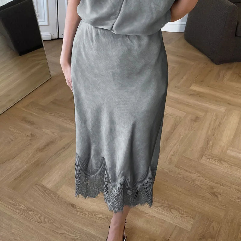 Glorol - High Waist Lace Patchwork Printed Skirt