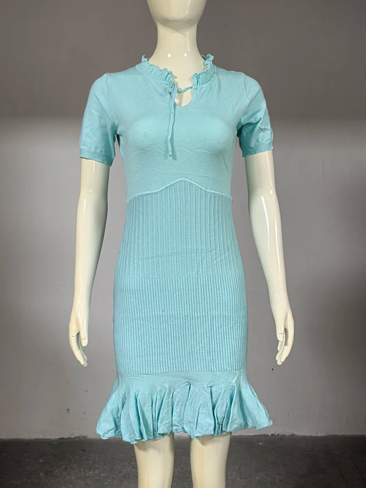 Glorol - Hollow Knitting Lace Up Short Sleeve Mini Dress