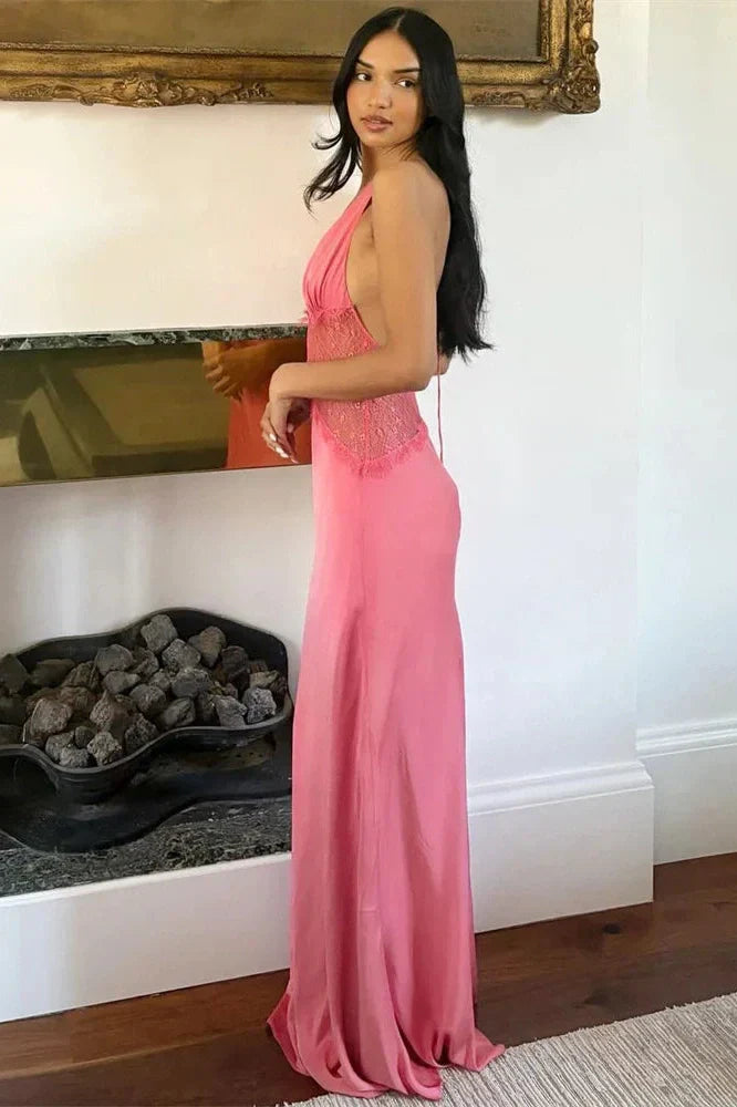 V-Neck Lace Patchwork See-Through High Waist Maxi Dress
