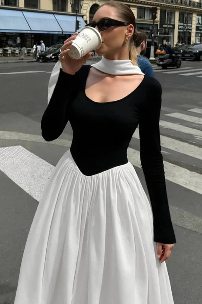 Glorol - Patchwork Long Sleeve O Neck Pleated Maxi Dress