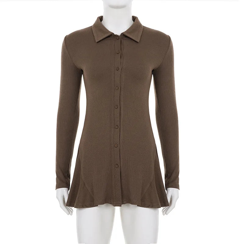 Glorol - Low Waist Long-Sleeved A-Line Mini Dress