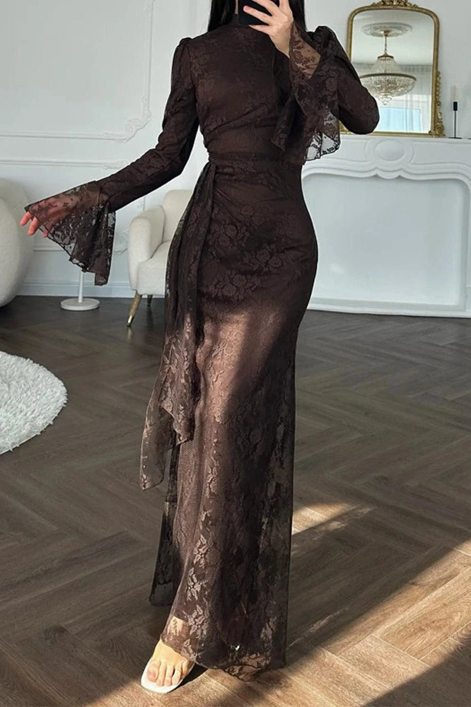 Glorol - Pleated Lace Slim High Waist Maxi Dress