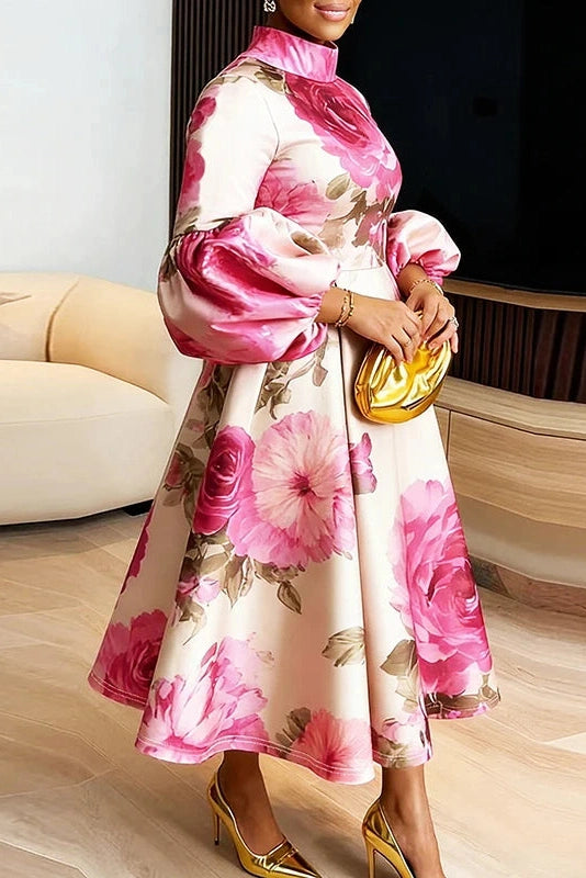 Glorol - Floral Print High Waist Pleated Long Sleeve Midi Dress