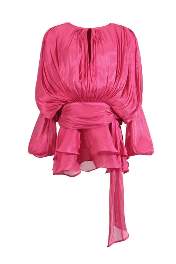 Glorol - Elegant Pleated Long Sleeve High Waist Mini Dress