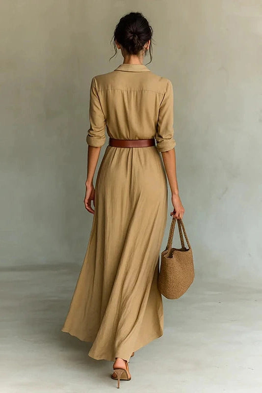 Glorol - Elegant Long Sleeve High Waist Single Breasted Maxi Dress
