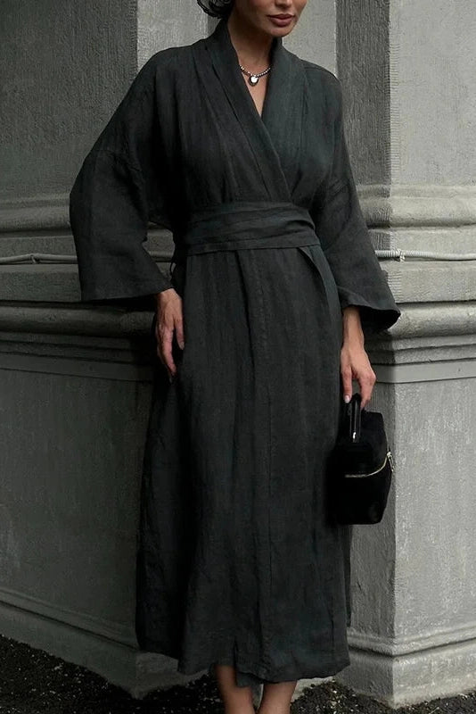 Glorol - Lace-Up High Waist V-Neck Midi Dress