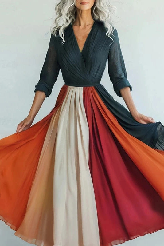 Glorol - Elegant Pleated V Neck Long Sleeve Printed Maxi Dress