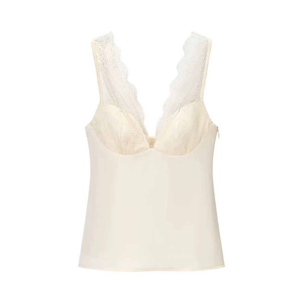 Glorol - Lace Backless V-Neck Slim Top