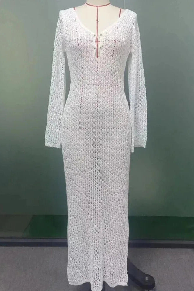 Glorol - Hollow Out Knitted Slim Maxi Dress