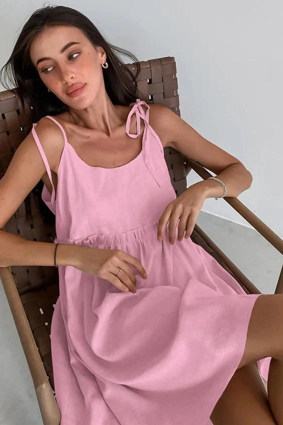 Glorol - Spaghetti Strap Loose Cotton Lace Up Mini Dress
