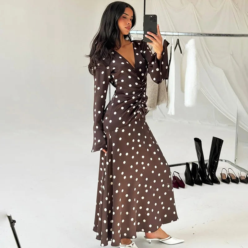 Glorol - Elegant V-Neck Polka Dot Patchwork Maxi Dress