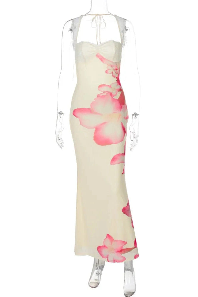 Glorol - Lace Printed Square Collar Sleeveless Lace-Up Bodycon Maxi Dress