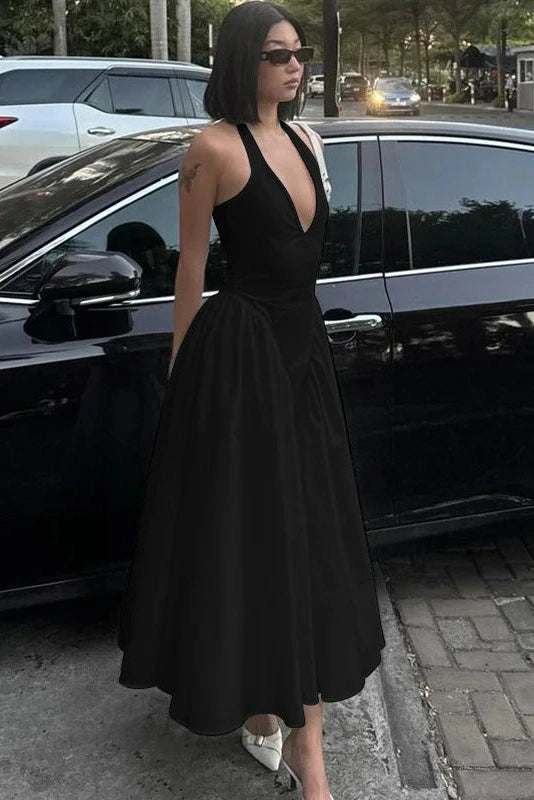 Glorol - Deep V Neck High Waist Backless Midi Dress