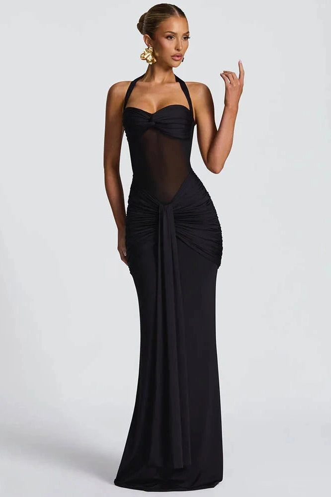 Glorol - Backless Patchwork Off-Shoulder Sleeveless Bodycon Maxi Dress