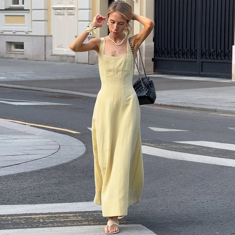 Glorol - Elegant Square Neck Backless High Waist Sleeveless Maxi Dress