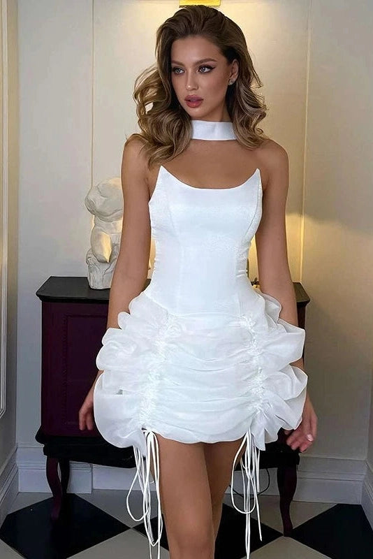 Glorol - Elegant Scarf-Neck Backless Fit Mini Dress