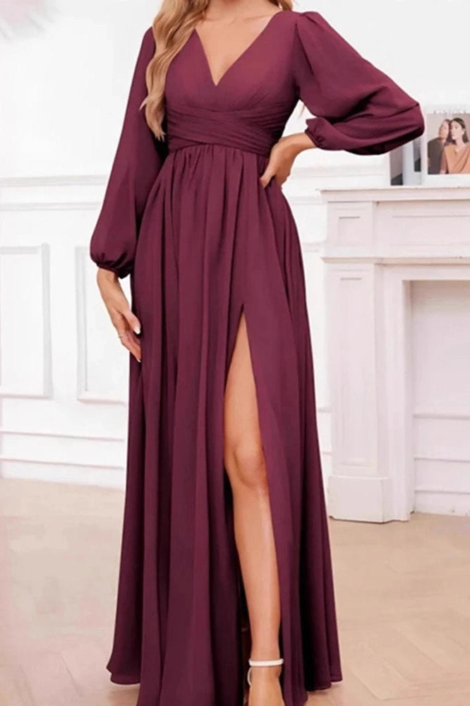 Glorol - Elegant Long Sleeve Loose V-Neck Split Maxi Dress