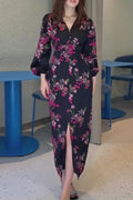 V-Neck Printed Long Sleeve Slim High Waist Maxi Dress