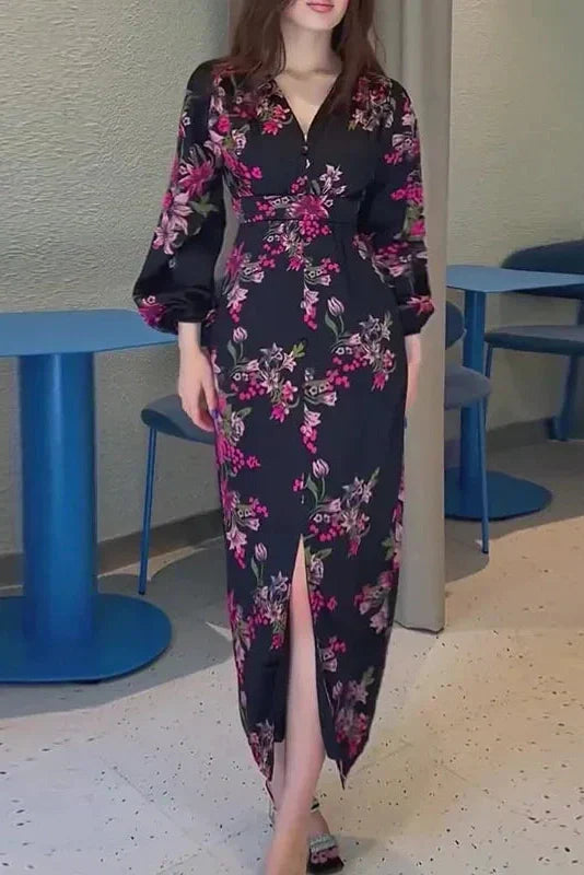 V-Neck Printed Long Sleeve Slim High Waist Maxi Dress