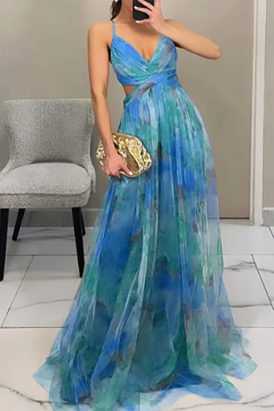Glorol - Elegant Print Pleated V Neck High Waist Backless Maxi Dress