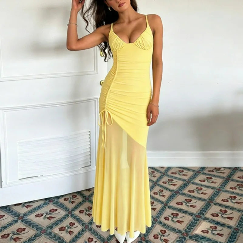 Glorol - Lace-Up See Through Backless Maxi Dress