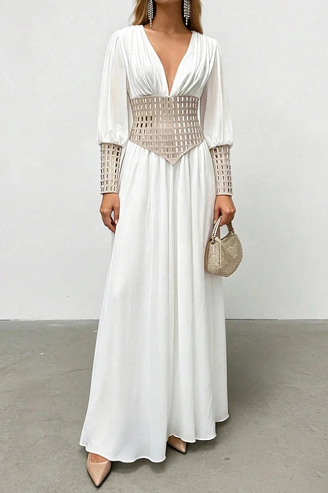 Glorol - Long Sleeve Slim V-Neck High Waist Maxi Dress