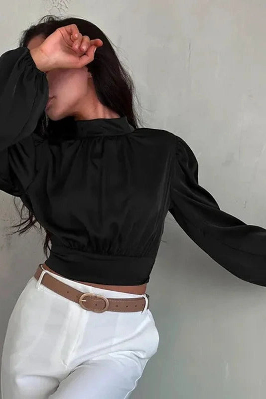 Glorol - Backless Long Sleeve Patchwork Top